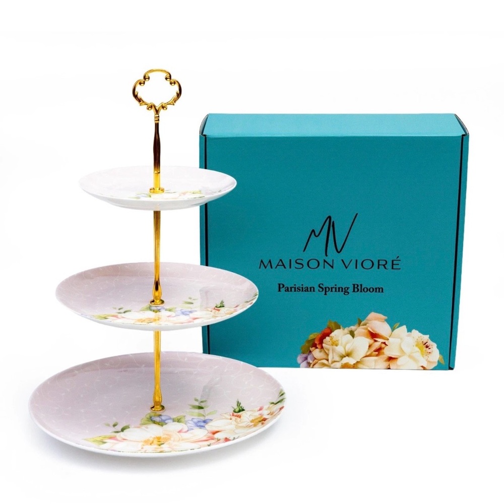 Parisian Spring Bloom 3-Tier Porcelain Serving Stand - White/Floral
